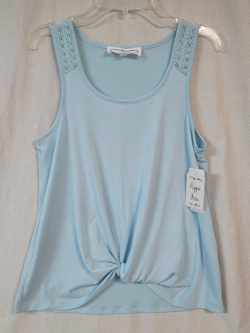 New! Hippie Rose XS Light Blue Crochet-Trim Front Flatter Twist Knot Tank Top